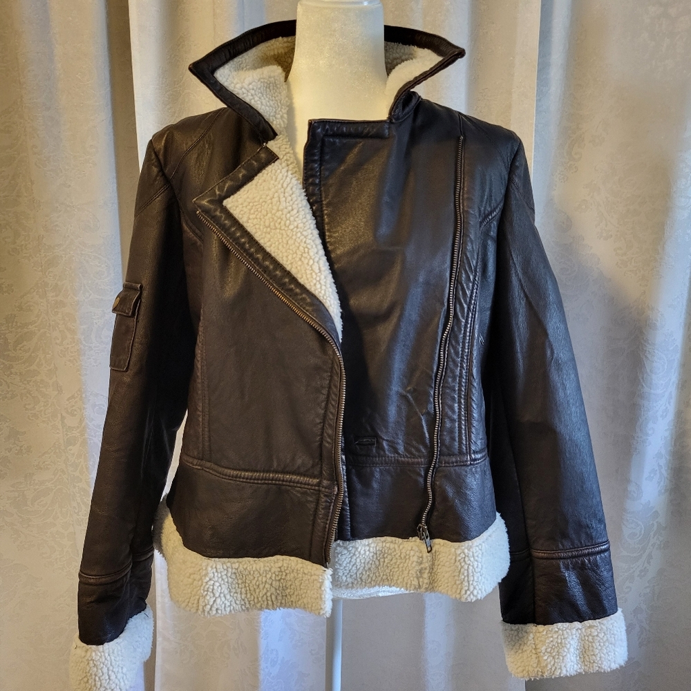 Boston Proper Faux Genuine Leather, Women Moto Jacket, Coat, Size L, Brown